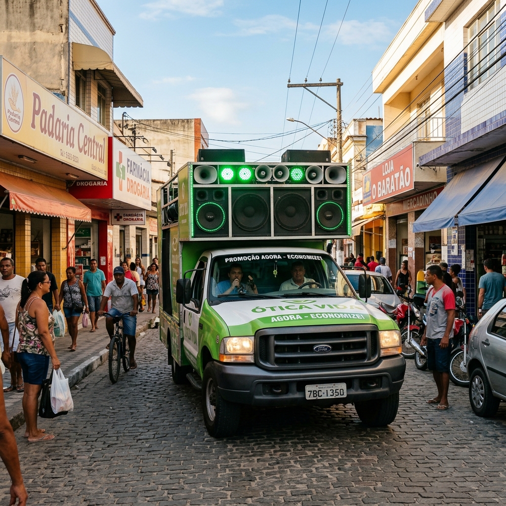 Carro de som rodando em rua comercial movimentada de cidade brasileira